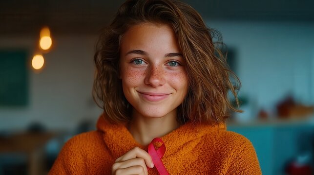Radiant young woman with freckles proudly displays a pink ribbon, symbolizing hope and awareness in a warm, inviting setting.