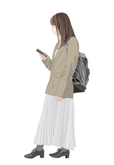 立ち止まってスマホを見る若い女性イラスト