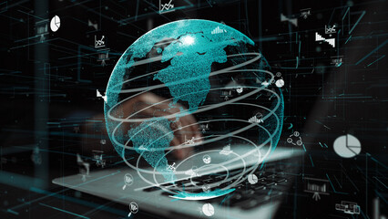 A captivating digital globe illustration showcases data visualization on a laptop, symbolizing...