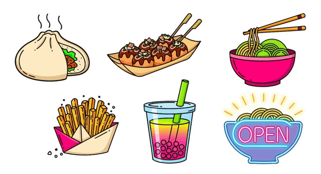 Street Food Vector Icons, bao bun, takoyaki, and bubble tea for night market branding