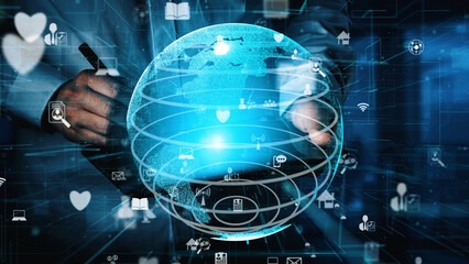 This image showcases a dynamic representation of a global network, highlighting the interconnectedness of technology through various digital icons and visual elements. Xenic