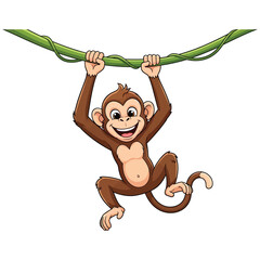 A cheerful cartoon monkey with brown fur is joyfully swinging from a thick green vine against a white background.