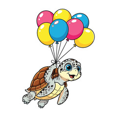 An adorable illustration of a sea turtle being lifted into the air by a bunch of bright, multi-colored balloons.