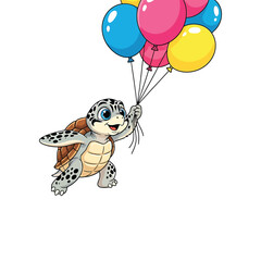 A cute baby sea turtle with a happy expression is being lifted by a bunch of brightly colored balloons against a white background.