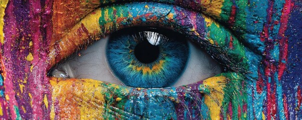 Human eye close up with colorful paint ink splashes and drips concept. A vibrant and colorful eye surrounded by artistic paint.
