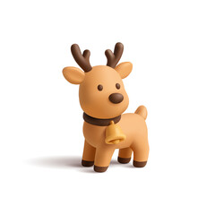 3D cute Christmas reindeer,deer character with bell on neck on white background. Icon. For Christmas celebration concepts. Vector illustration.