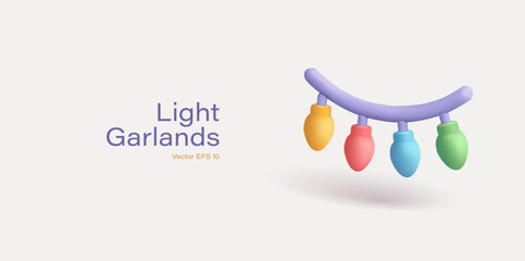 Light minimalistic colored garland, 3D. For Christmas, New Year concepts. Festive decor. Vector illustration.