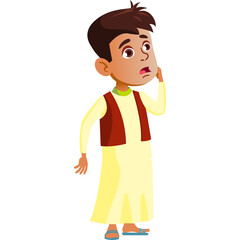 Concerned Young Boy Wearing Traditional Middle Eastern Clothing Stands with Hand on Ear on White Background