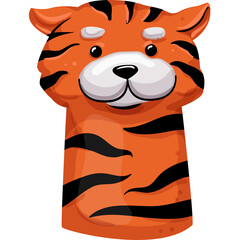 Cute Cartoon Tiger Finger Puppet With Orange And Black Stripes And White Muzzle And Eyebrows Against Transparent Background