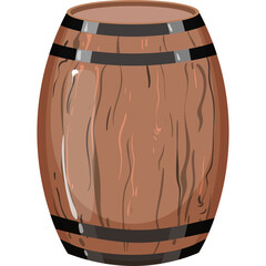Detailed Pixel Art Wooden Barrel with Metal Bands on Transparent Background Simple Cartoon Illustration