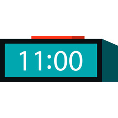Digital Alarm Clock Displaying 11:00 With Teal Screen And Red Button Against A White Background