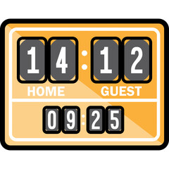 Digital Scoreboard Displaying Home Team Score 14 and Guest Team Score 12 with Game Time 09 Minutes 25 Seconds Yellow Orange and White Color Scheme
