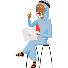 Elderly Arab Man in Traditional Light Blue Clothing Sitting on a Chair Holding a Laptop Computer With One Hand Raised in a Welcoming Gesture