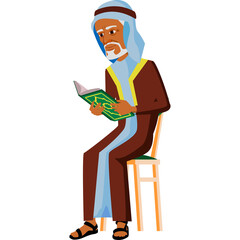 Elderly Arab Man Wearing Traditional Clothing Reading a Book While Sitting on a Chair Against a White Background