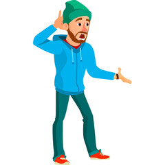 Distressed Man Character Wearing Blue Hoodie and Green Beanie Gesturing with Hands in Confusion Against White Background