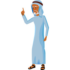 Elderly Arab man wearing a light blue thawb and ghutra gesturing with his index finger pointing upwards for emphasis a symbol of wisdom and guidance isolated on a transparent background