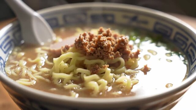 Minced meat being added to a bowl of ramen, with spoon & food presentation. Background, restaurant. For food articles