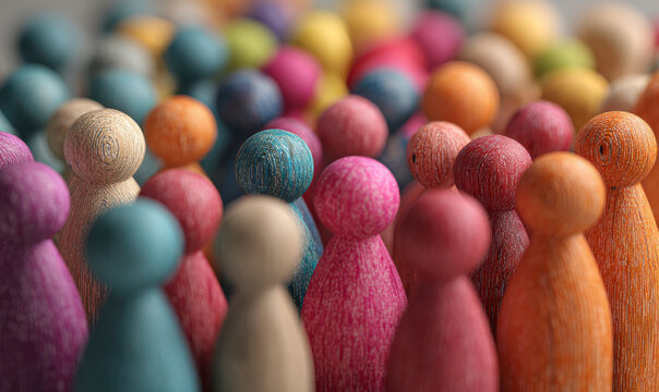 A colorful array of wooden figurines standing together in a tight formation.