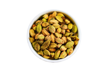 Cardamom in a bowl isolated on a transparent background, Top view