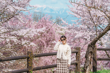 Woman tourist sightseeing Sakura Cherry Blossom in Spring, happy traveler travel in Tendo Park or...