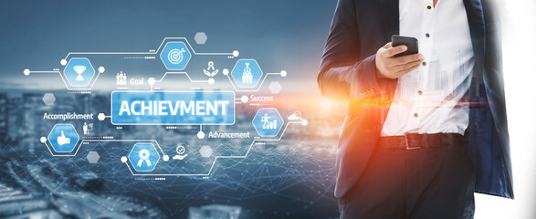 A business professional engages with a smartphone amidst a digital backdrop filled with achievement...