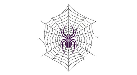 Obraz premium Illustration of a purple spider sitting in the center of its intricate, symmetrical web against a white background.
