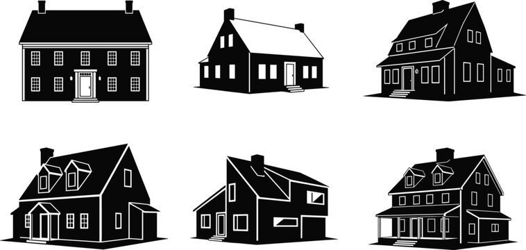 Black house silhouettes, residential architecture icons, modern home designs, vector building shapes, urban housing graphics, minimalist structures, construction symbols, real estate illustration