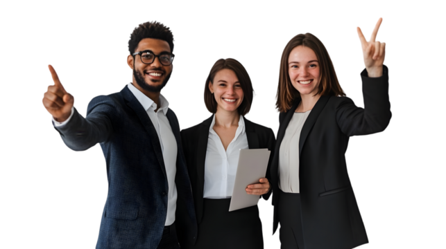 Three business professionals posing and smiling with hand gestures in front of black background