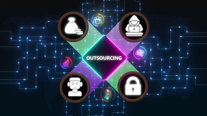 Global outsourcing concept digital animation with business icons and world map elements, Internet infrastructure concept map Abstract technology background in blue color . - Powered by Adobe
