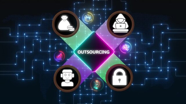 Global outsourcing concept digital animation with business icons and world map elements, Internet infrastructure concept map Abstract technology background in blue color .