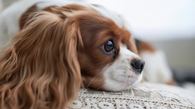 Close-up of Cavalier King Charles Spaniel dog resting on pillow with lace trim.
