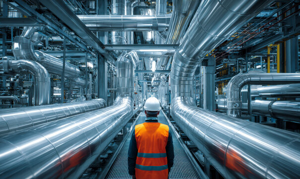 Worker in safety gear amidst industrial pipes and mechanical equipment.
