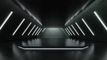 Abstract architecture background with neon light, Dark sci-fi interior design, Car presentation backdrop with empty futuristic concrete floor and wall	