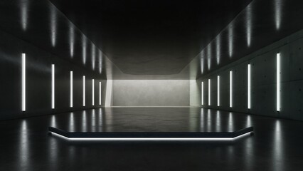 Abstract architecture background with neon light, Dark sci-fi interior design, Car presentation backdrop with empty futuristic concrete floor and wall	