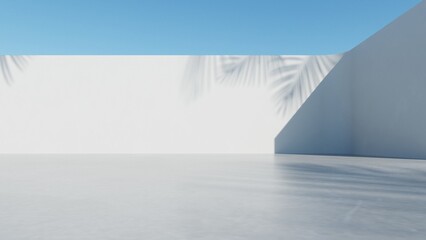 3d rendering of modern exterior with palm leaf shadow on white wall and swimming pool, Abstract minimal Geometry on sky background, Empty concrete floor for car presentation