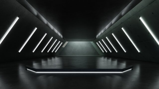Abstract architecture background with neon light, Dark sci-fi interior design, Car presentation backdrop with empty futuristic concrete floor and wall	