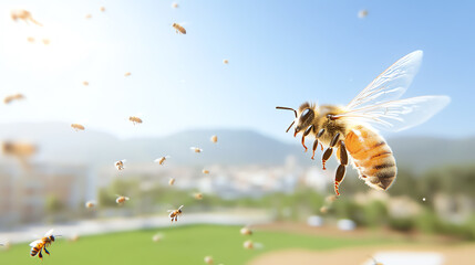 Naklejka premium A bee hovering in a garden, pollinating flowers in a vibrant natural environment.