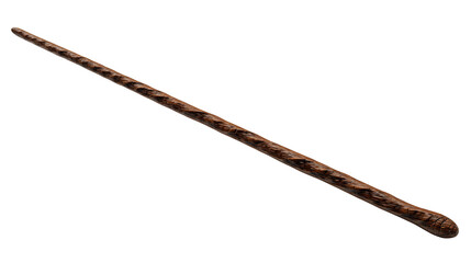 A long intricately carved dark wood wand or magical staff isolated against a plain black background