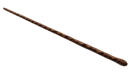 A long intricately carved dark wood wand or magical staff isolated against a plain black background