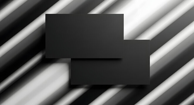 Minimalist Mockup: Black business cards arranged artistically against a striped background, showcasing sleek design elements for a modern presentation.