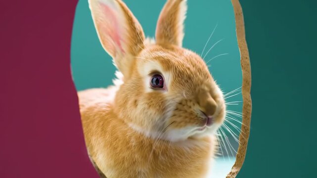 Portrait of a rabbit emerging from a frame, against teal and magenta background, for cards or posters