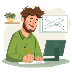 Bearded businessman sitting at desk with computer, writing financial report and analyzing line graph. Concept of data analysis, research, and productivity at work.