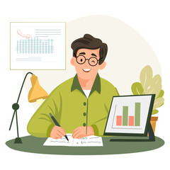 Young male analyst working at desk, writing business report with tablet showing data charts. Concept of business analysis, financial report, and market research.