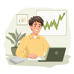 Smiling young man using laptop computer with rising growth chart. Concept of business success, financial planning, data analysis, and productivity in modern work.