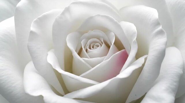 Close up of a delicate white rose with soft pink undertones in full bloom.