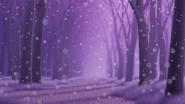 Snowflakes drift slowly through quiet purple forest at dusk with soft lighting and calm atmosphere creating peaceful winter landscape and gentle motion