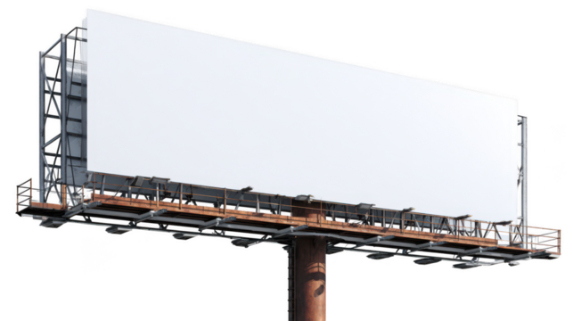 A massive blank billboard with a white advertising space stands tall on a rusty brown pole