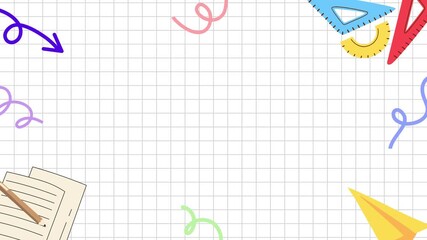 Back to school animated layout with colorful supplies on white grid background. 4K education cartoon motion graphic. - Powered by Adobe