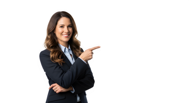 Woman in suit explaining business metrics