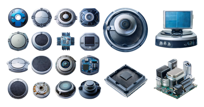 Collection of Futuristic Electronic Components and Circuit Designs, isolated on transparent background